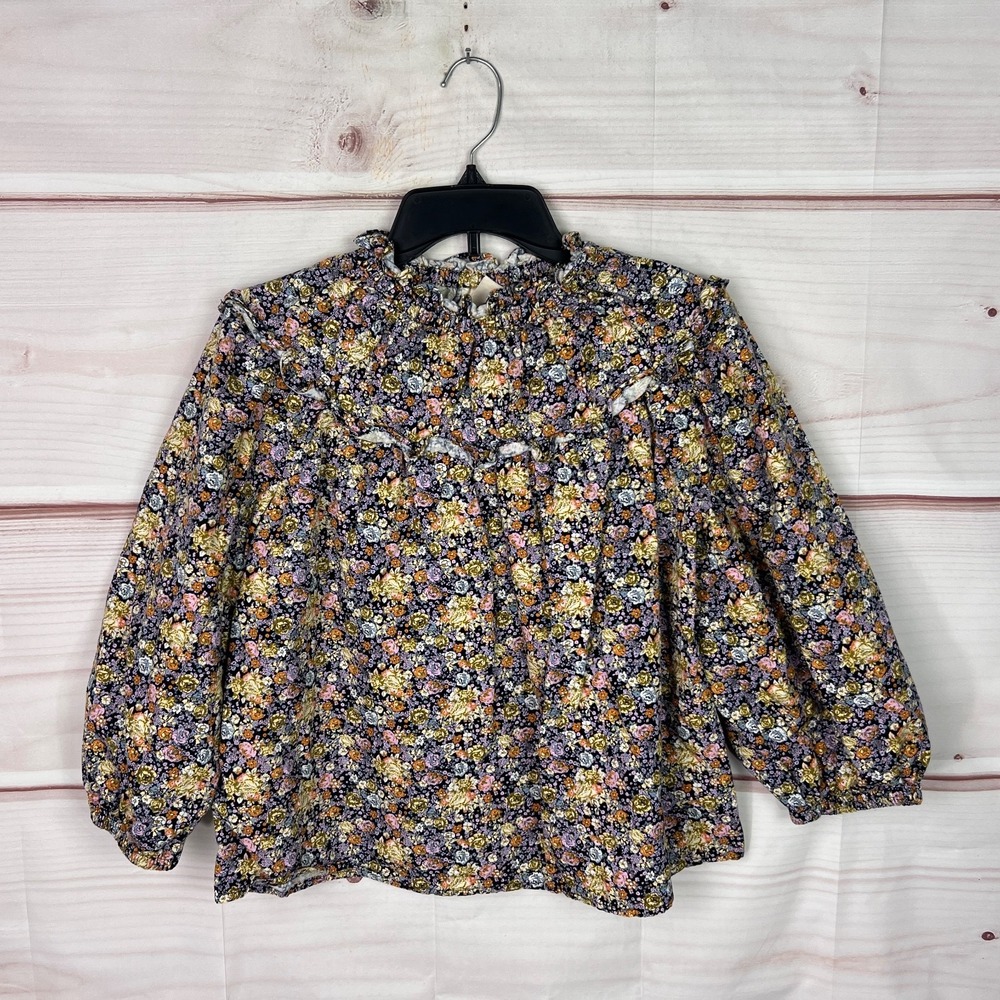 Universal Thread Top Womens XS Blue Yellow Floral Blouse Elastic Neck 3/4 Sleeve